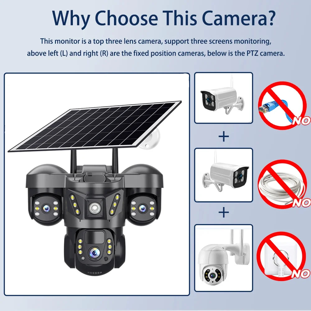 Solar Camera 4G Sim Card 15MP Outdoor 3 Lens 3 Screen PIR Human Detect Network IP Cameras Night Vision CCTV Security Protection