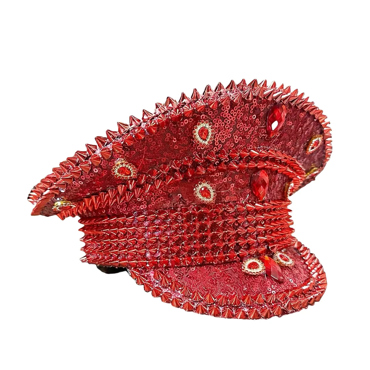 Red Rhinestone Luxury Festival Captain Hat Wedding Military Captain Hats Steampunk Caps Punk Rivets Sergeant Hat Masquerade