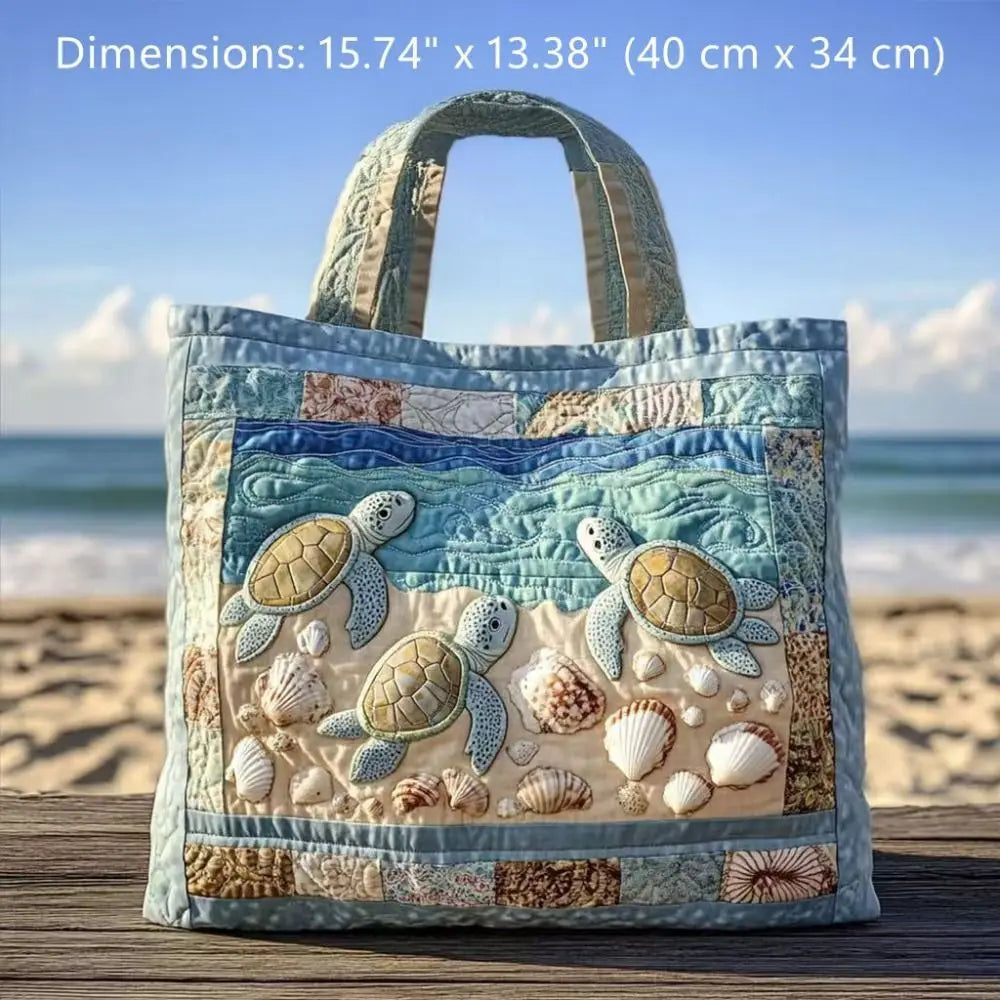 Turtle Print Quilted Canvas Tote Bag Large Capacity Shoulder Handbag
