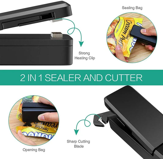 2-in-1 Mini Rechargeable Bag Sealer & Cutter – Portable USB Vacuum Heat Sealer for Plastic Snack & Food Storage Bags