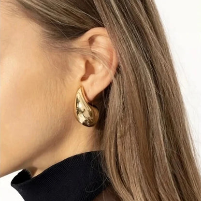 Vintage Gold Plated Chunky Dome Drop Earrings for Women Glossy Stainless Steel Thick Teardrop Earrings