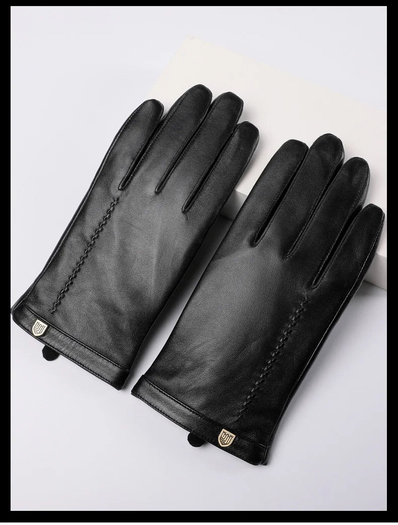 Man Genuine Leather Button Black Thick/Thin Gloves Male Commercial Business meeting MC Host Driving