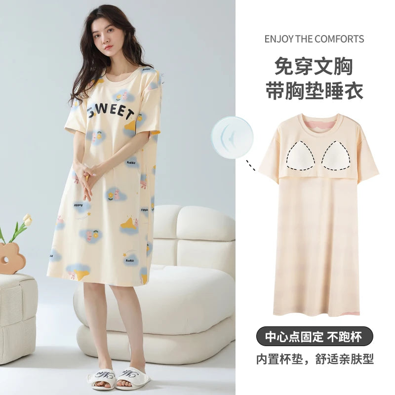 Women’s Cotton Nightgown – Korean Style Cute Print, Summer Short Sleeve Sleepwear Dress