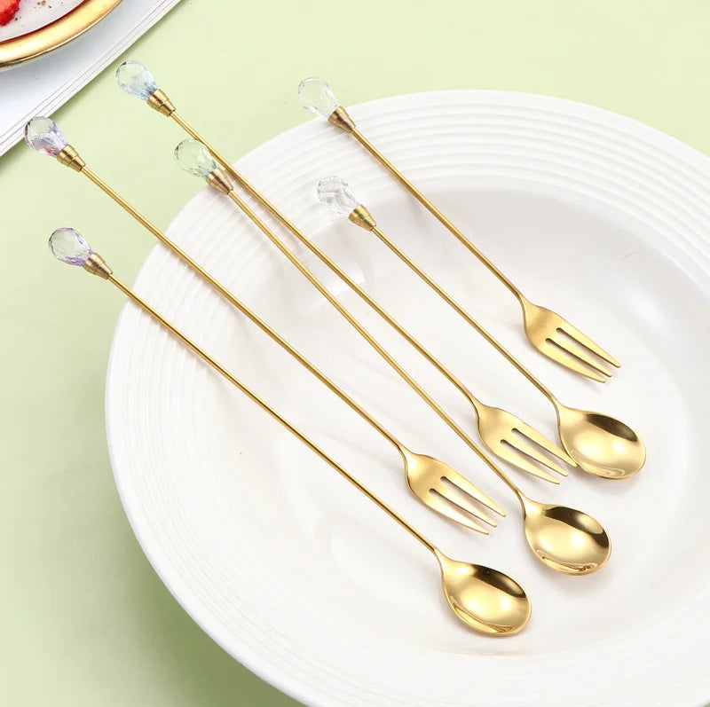 Stainless Steel Diamond Coffee Spoon and Fork Set Creative Crystal Long Handle, Perfect for Desserts, Ice Cream, Cake, and Fruit