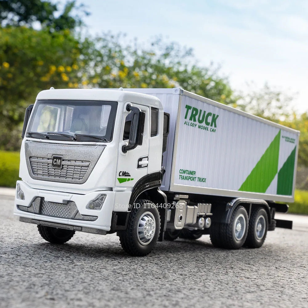 1:32 Scale Container Truck Fire Trucks Model Car Toy Pull Back Music Light Metal Diecast Doors Opened Vehicles Toys for Gift