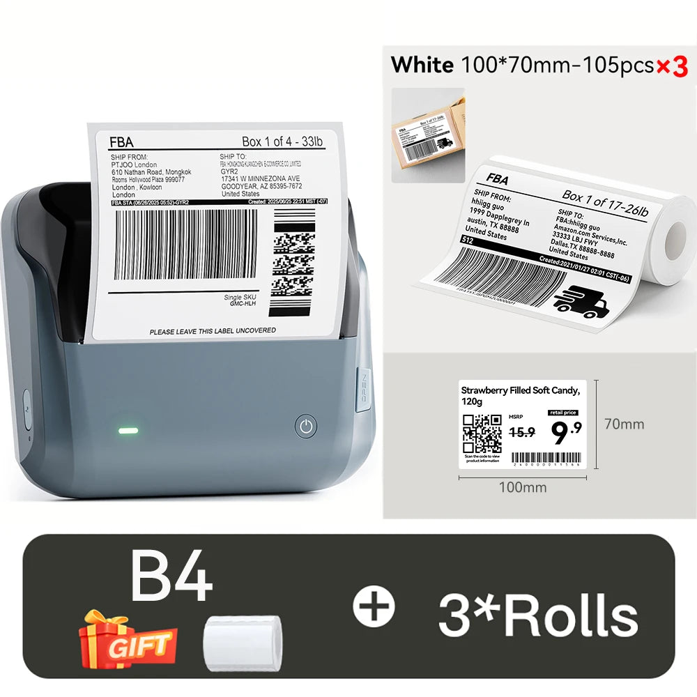 B4 Thermal Label Printer, Wireless Bluetooth Label Maker 20–110mm, Portable Barcode & Shipping Label Printer for Business & Office