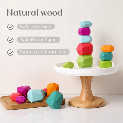 Wood Rainbow Stones Block Colorful Wooden Building Block Rainbow Stacker Balancing Stone Montessori Educational Toy Children