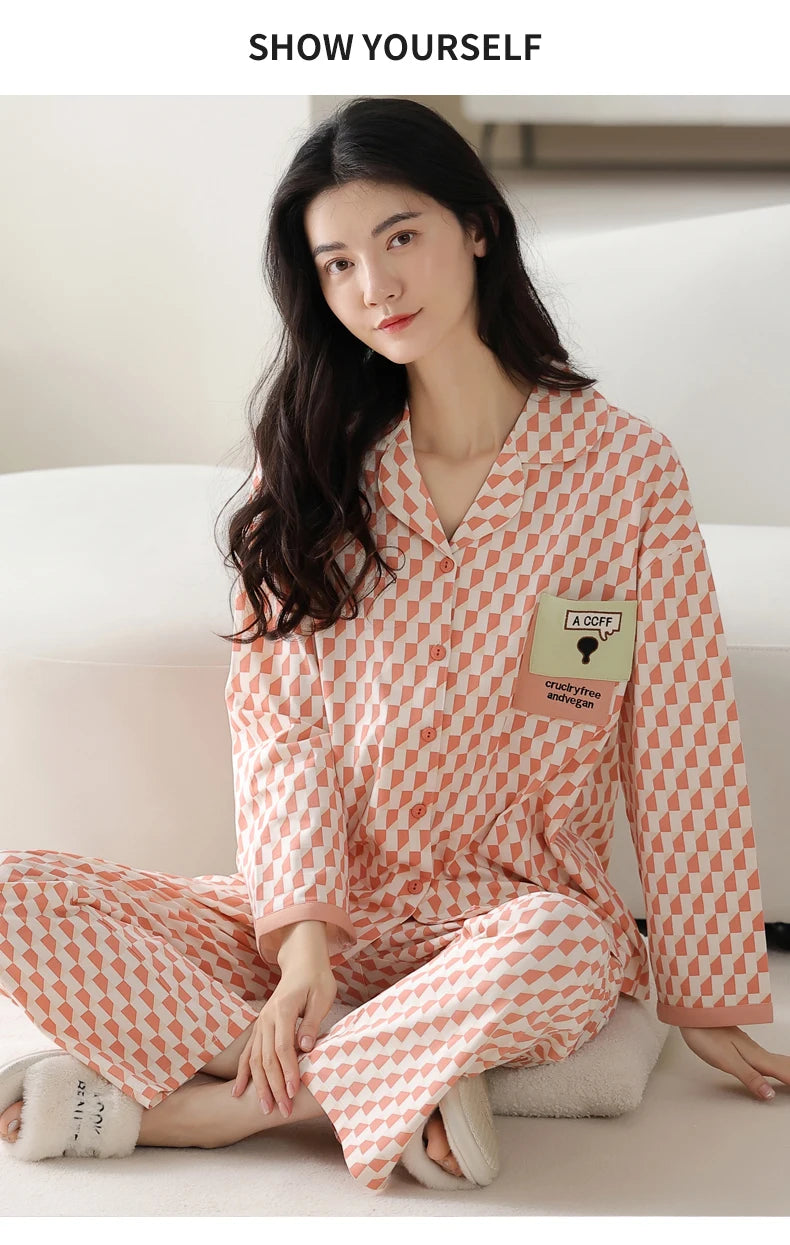 Women’s Winter 100% Cotton Pajama Set – Loose Fit, Turn-Down Collar, Long Sleeves, Cute Pink