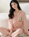 Women’s Winter 100% Cotton Pajama Set – Loose Fit, Turn-Down Collar, Long Sleeves, Cute Pink