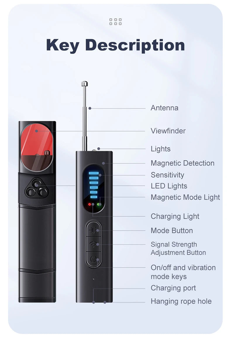 T18 hidden camera detector, camera detector, insect and hidden camera detector, RF signal scanner, home wireless charging, offic