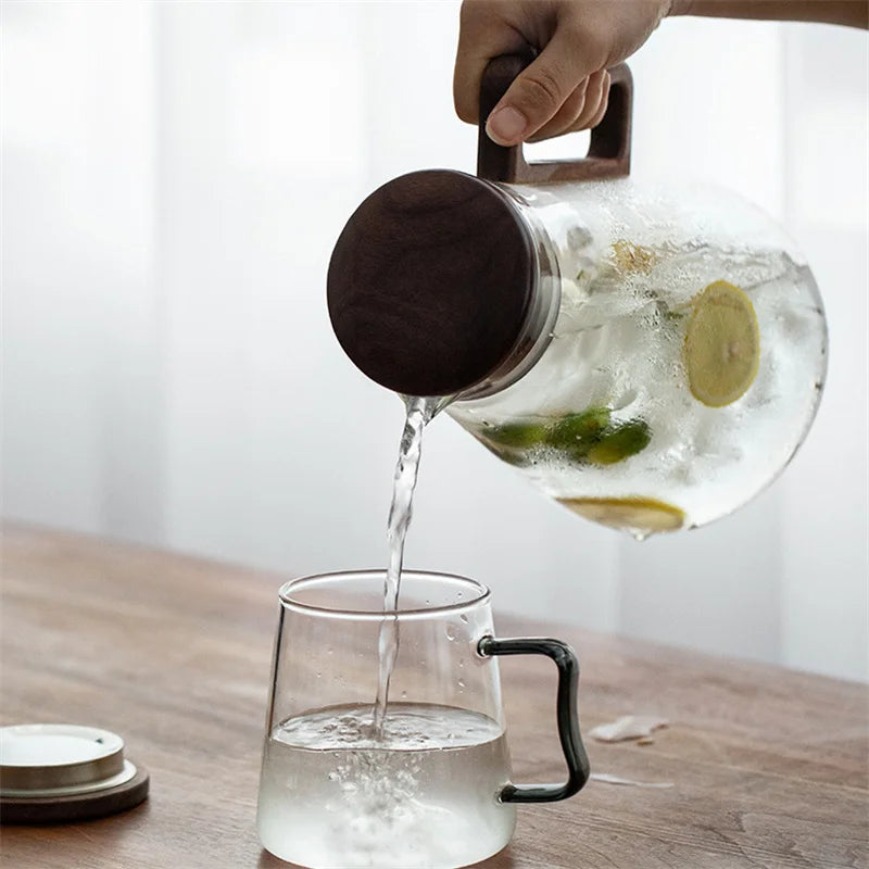 Large Capacity 2000ml Glass Water Jug with Wooden Handle and Filter Lid
