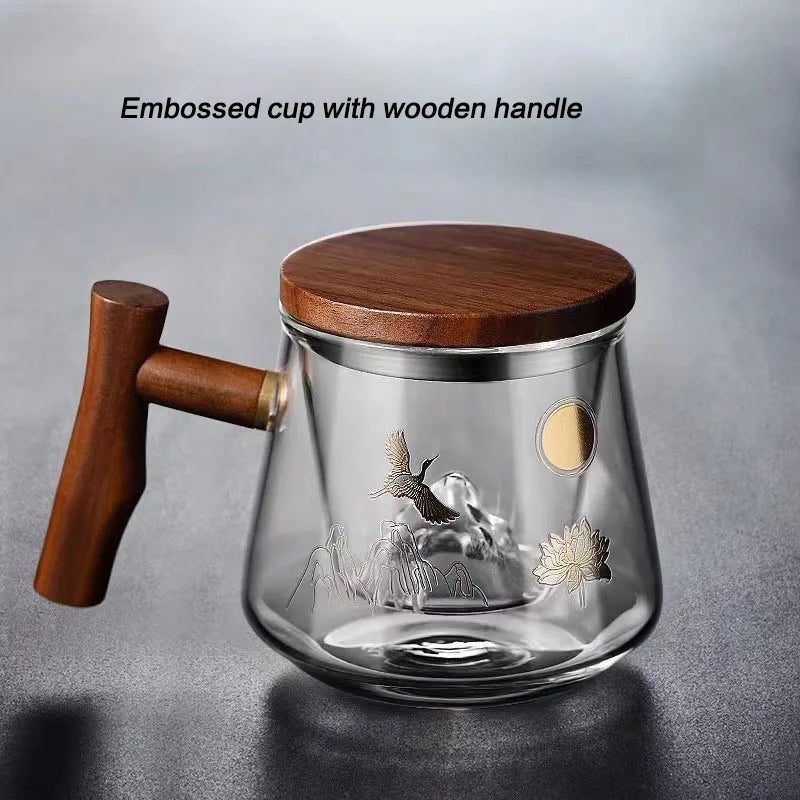 Heat Resistant Glass Teacup Strainers Wood Handle Lid Chinese Kung Fu Tea Set Ceremony High Boron Silicon Teawear Cups