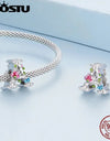 925 Sterling Silver A Letter Hollow Flower Charms Rainbow Beads Fit Original Bracelet Bangle