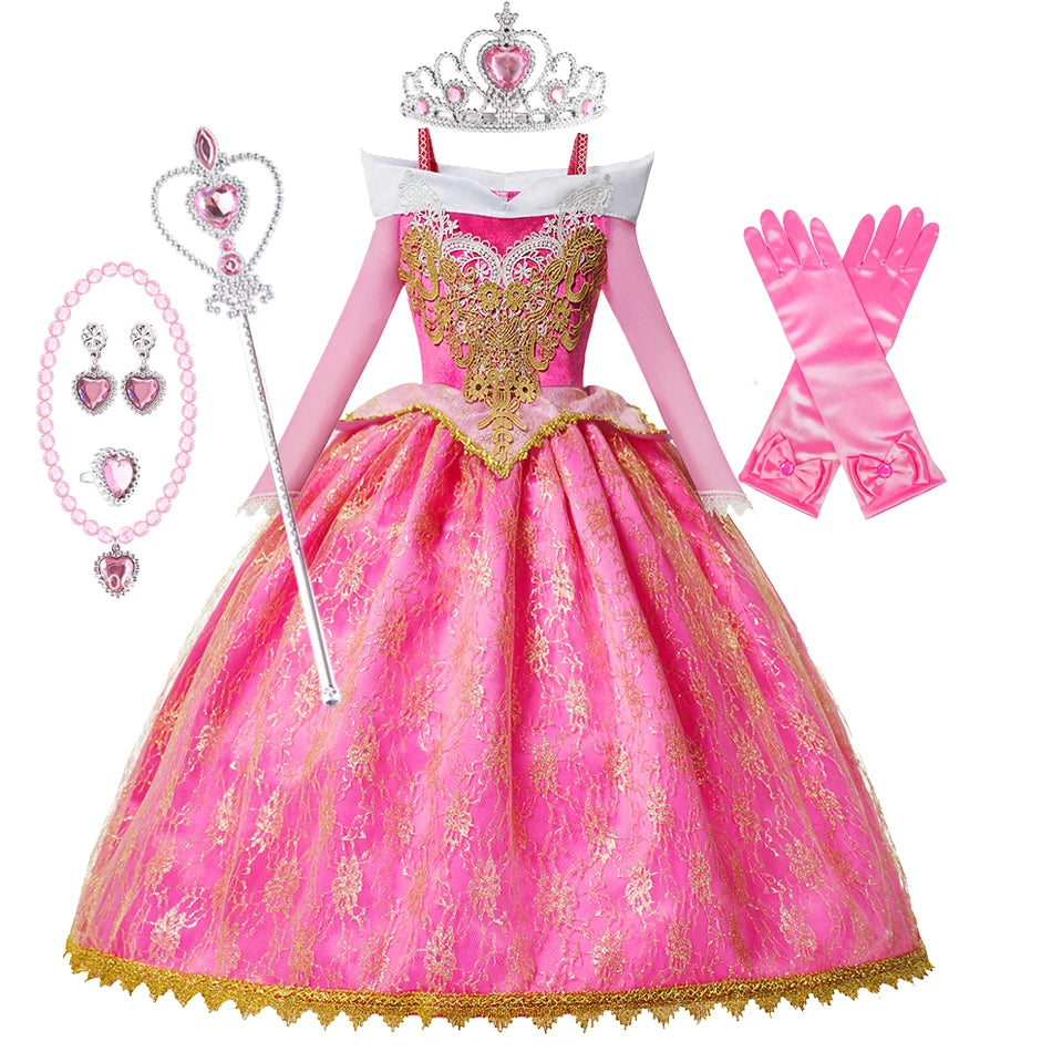 Girls Sleeping Beauty Aurora Princess Halloween Cosplay Dress Off Shoulder Kids Gift Fancy Party Princess Clothing