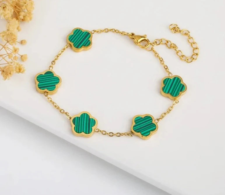 Green Leaf Flower Charm Bracelets for Women Gold Color Stainless Steel Clover Bracelet