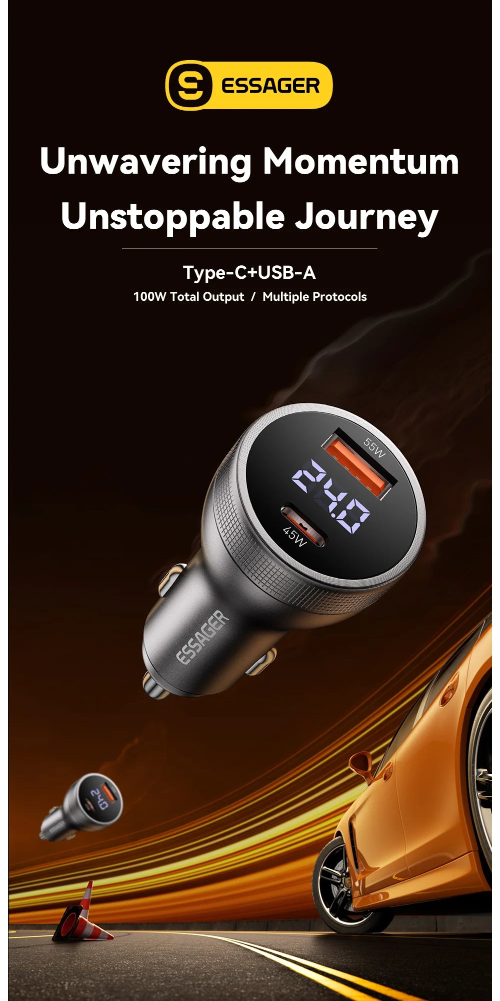 100W USB C Car Charger PD 3.0 QC 4.0 Fast Charging Dual Port Type C + USB Adapter