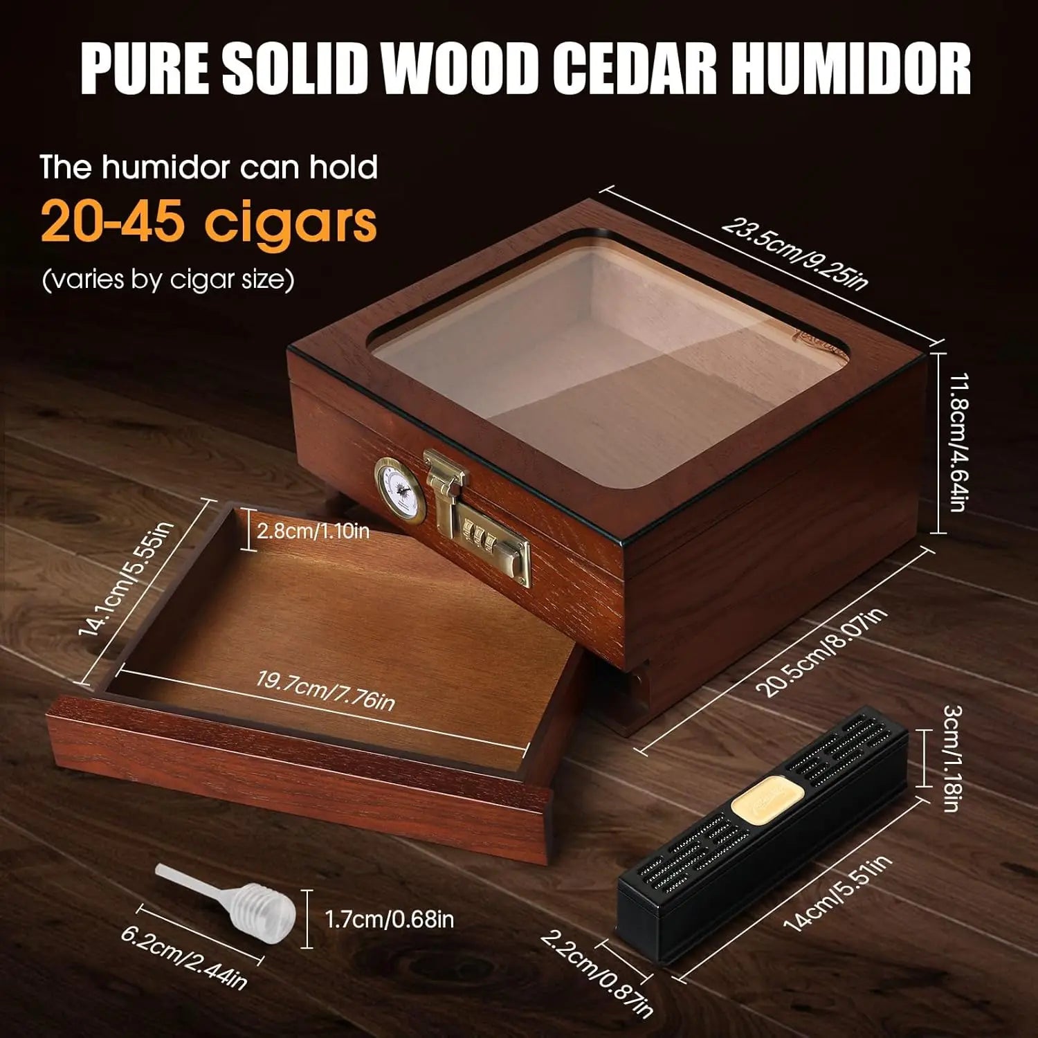 Cigar Humidor Cedar Wood Humidor Cigar Box Glass Top Desktop Humidor with Front Hygrometer Humidifier Divider Accessories Drawer