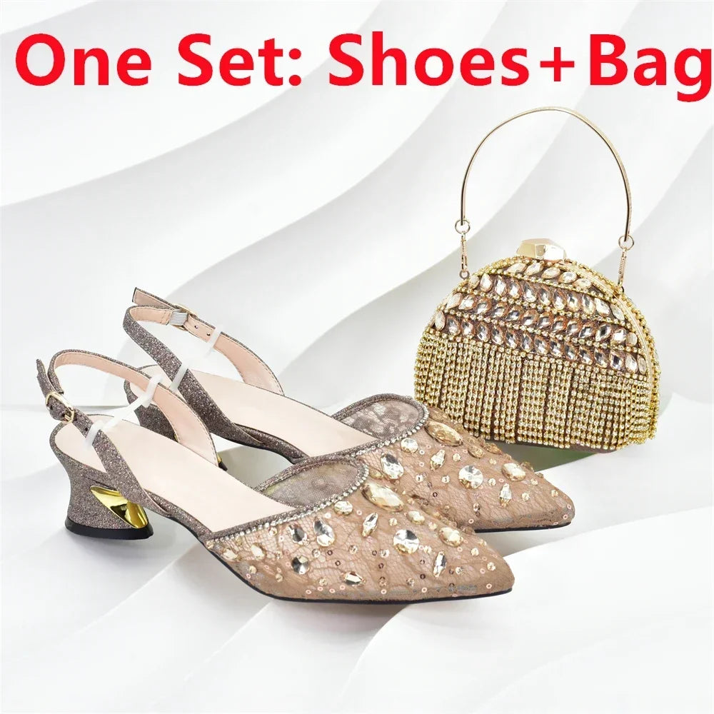 African Wedding Shoes and Bag Set with Rhinestone Italian Design Shoes with Matching Bags Nigerian Lady Party Pumps