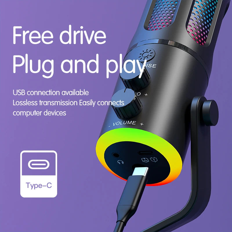 USB condenser microphone with RGB light, DSPnoise reduction, independent monitoring, used for media recording and live streaming