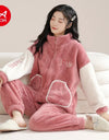 Women’s Christmas Fleece Pajama Set – Warm Flannel Zipper Sleepwear, Thick Coral Velvet