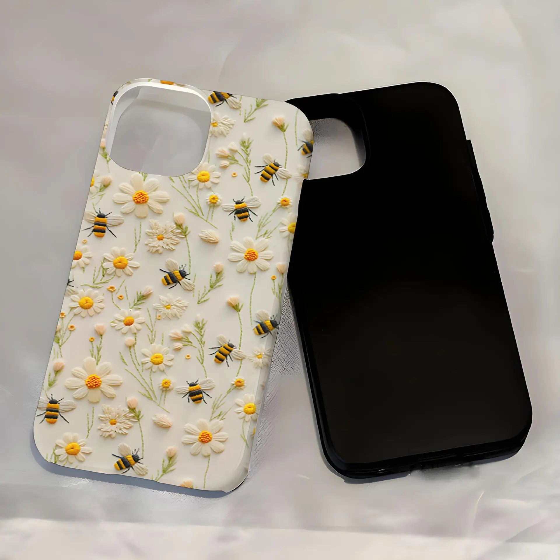Luxury Embroidery Effect Bee Daisy Flower Phone Case for iPhone 16 15 Pro Max Plus 2 in 1 Hard Protective Cover