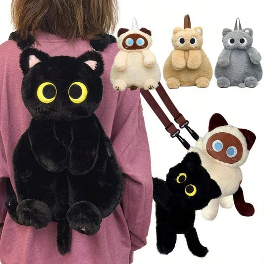 Kawaii Black Cat Plush Backpack Soft Shoulder Bag