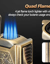 Cigar Lighter 4 Jet Flame, Refillable Butane Lighter with Cigar Cutter V Cut Cigar Punch Cigar Holder Cigar Draw Enhancer