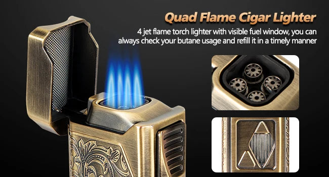 Cigar Lighter 4 Jet Flame, Refillable Butane Lighter with Cigar Cutter V Cut Cigar Punch Cigar Holder Cigar Draw Enhancer