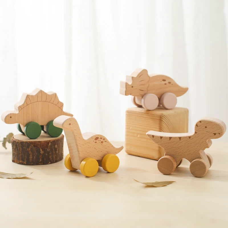 Baby Wooden Beech Car BPA Free  Cartoon Dinosaur Trolley Baby Toy Scene Building Block Hand-decorated Room Handmade Crafts Gifts