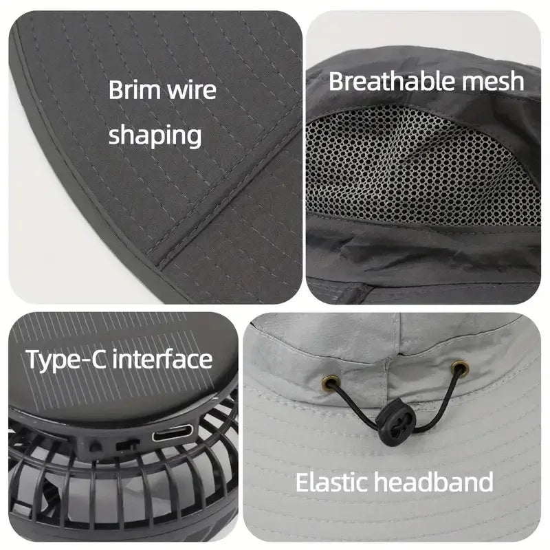 Wide Brim Solar Fan Hat With Dual Fans