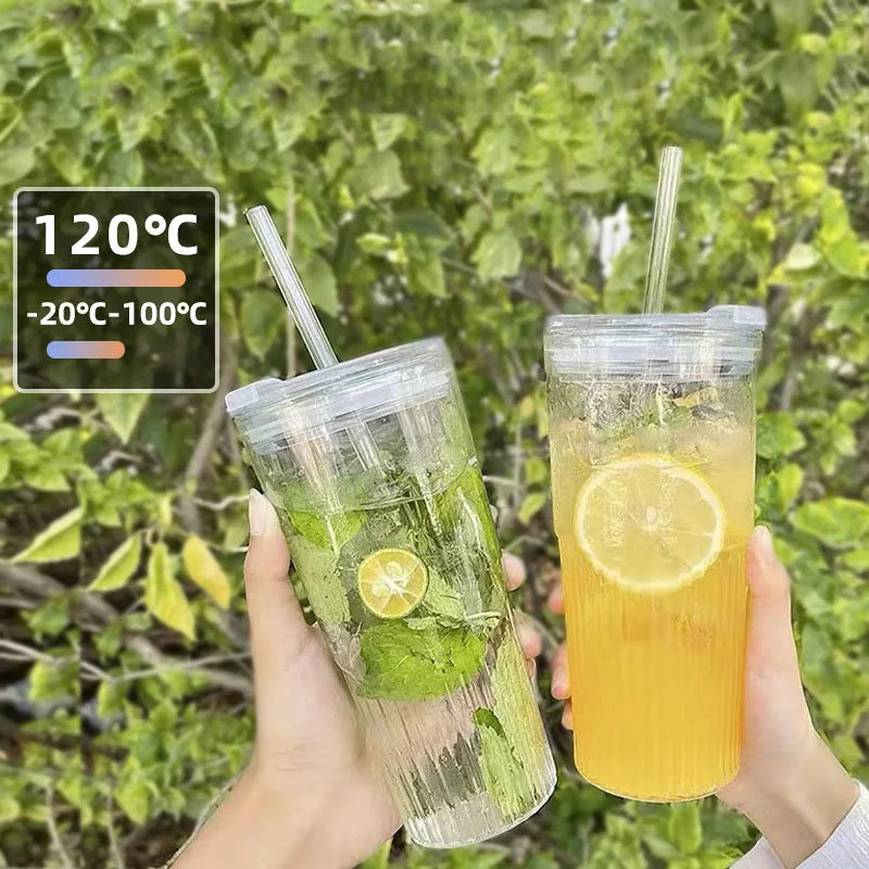 600ml Stripe Glass Cup with Lid And Straw Transparent Milk Tea Juice Cup Drinking Glasses Ice Water Coffee Mug Bar Drinkware