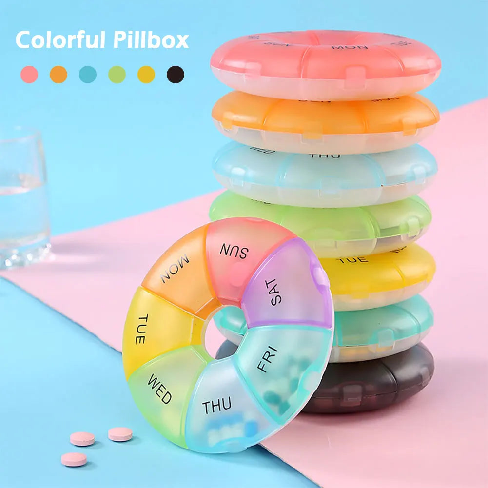 Round Pill Case Plastic 7 Days Weekly Tablet Candy Box Portable Storage Tablet Holder Travel Pill Container Colorful Pill Box