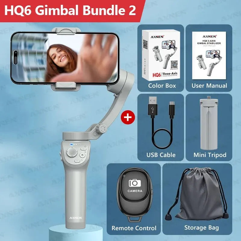 HQ6 3-Axis Gimbal Handheld Stabilizer for Cellphone, with Fill Light, Face Tracking, for iPhone Android Video Recording