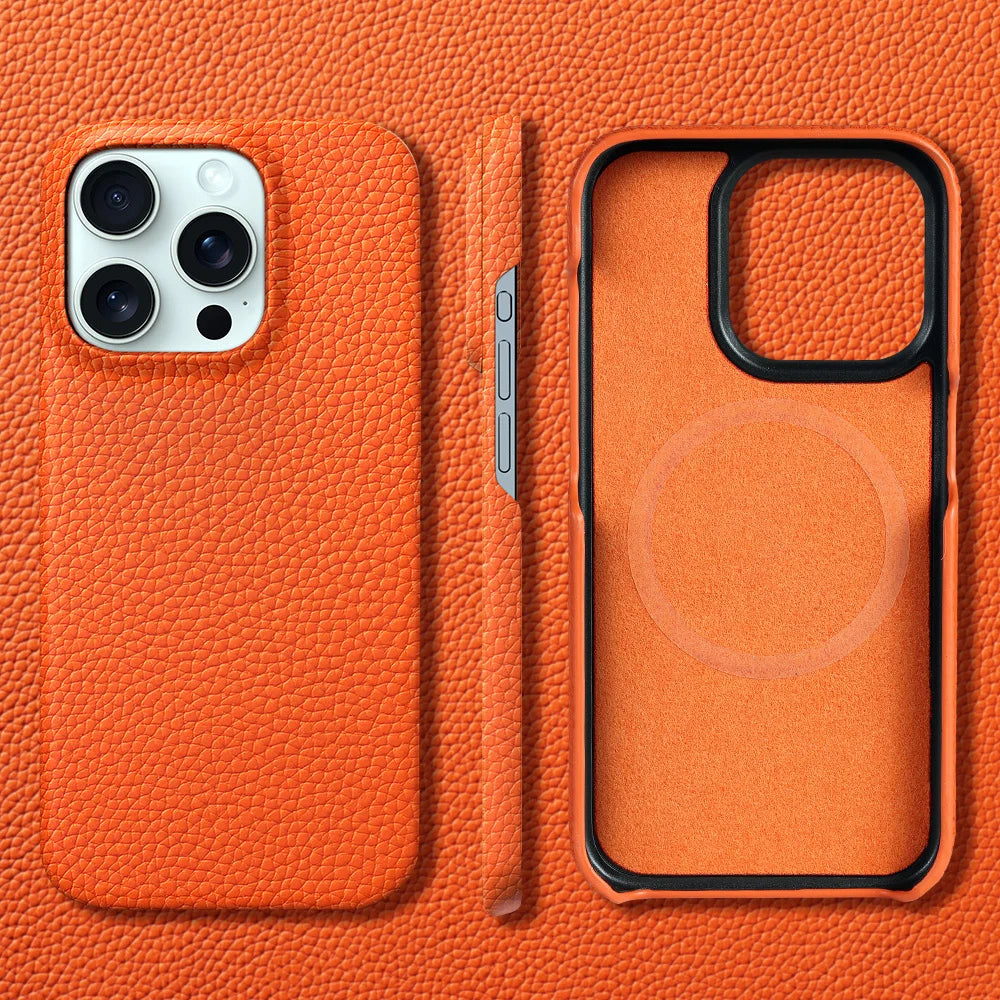 for Magsafe Case for iPhone 15 16 Pro Max Promax 16Pro Natural Cowhide Lychee Leather  Protector Luxury Phone Back Cover
