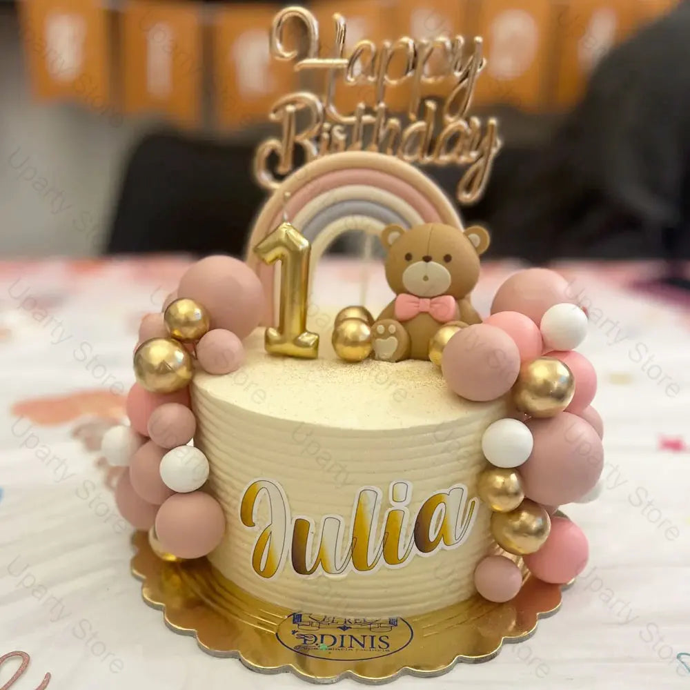 1 Set Pink Bear Cake Toppers Boho Rainbow Nude  Pink Balls Cake Decorations for Birthday Baptism  Shower Party Favor