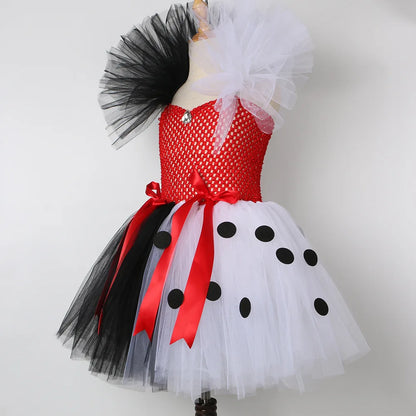 Girls Halloween Cruella Cosplay Costumes Girls Party Tutu Dress Black And White Tulle Frocks Kids Evil Role Playing Outfits