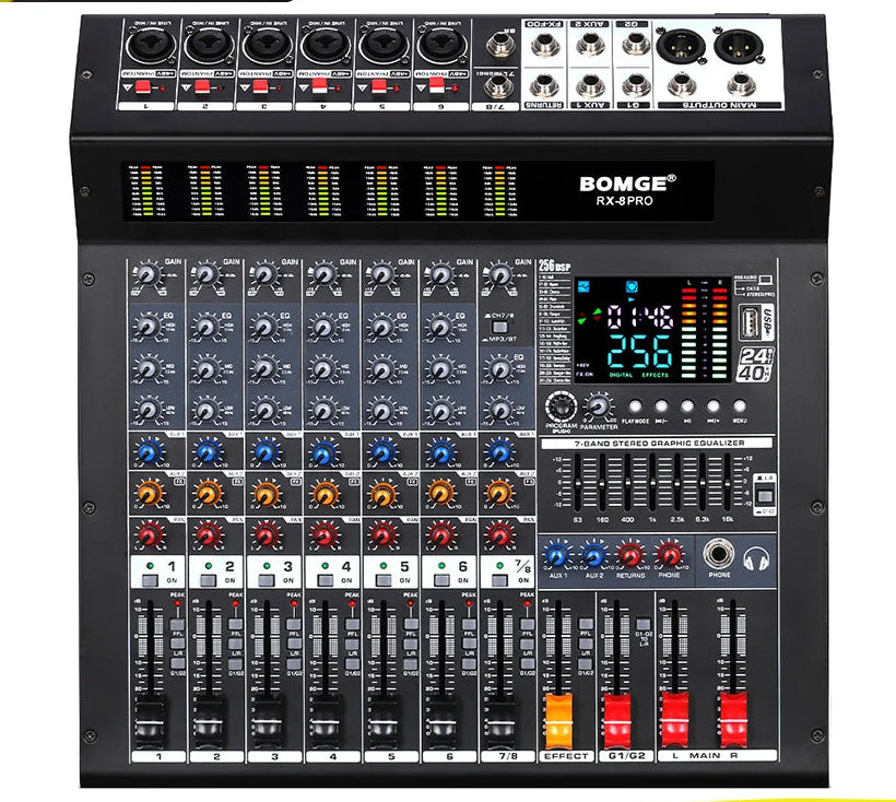 Professional 8 Channel Audio Mixer Console with USB Bluetooth and 256 DSP Effects