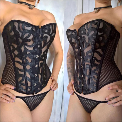 Women's Breathable Shapewear Costumes Transparent Mesh Corselet Hollow Out Corset Bustier Top With G String Black