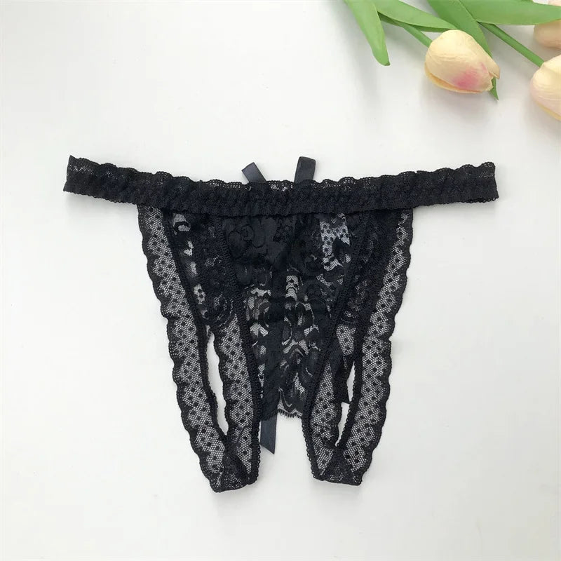 Customized Crystal Name Letters Women's Breathable Lace Underwear Low Waisted Opening Thong Bikini Erotic G-String Panties