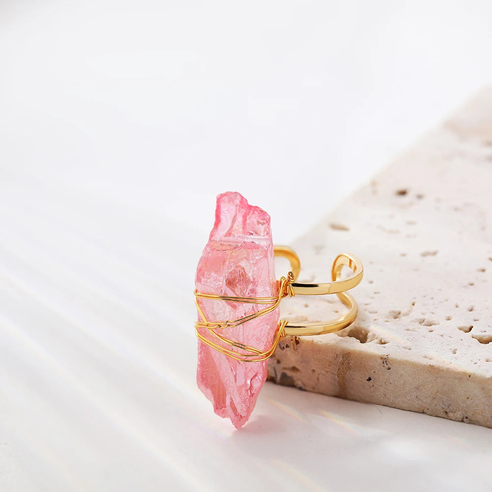 Pink Clear Crystal Irregular Polygon Rings for Women Men Gold Color Wire Wrapped Natural Stone Open Rings