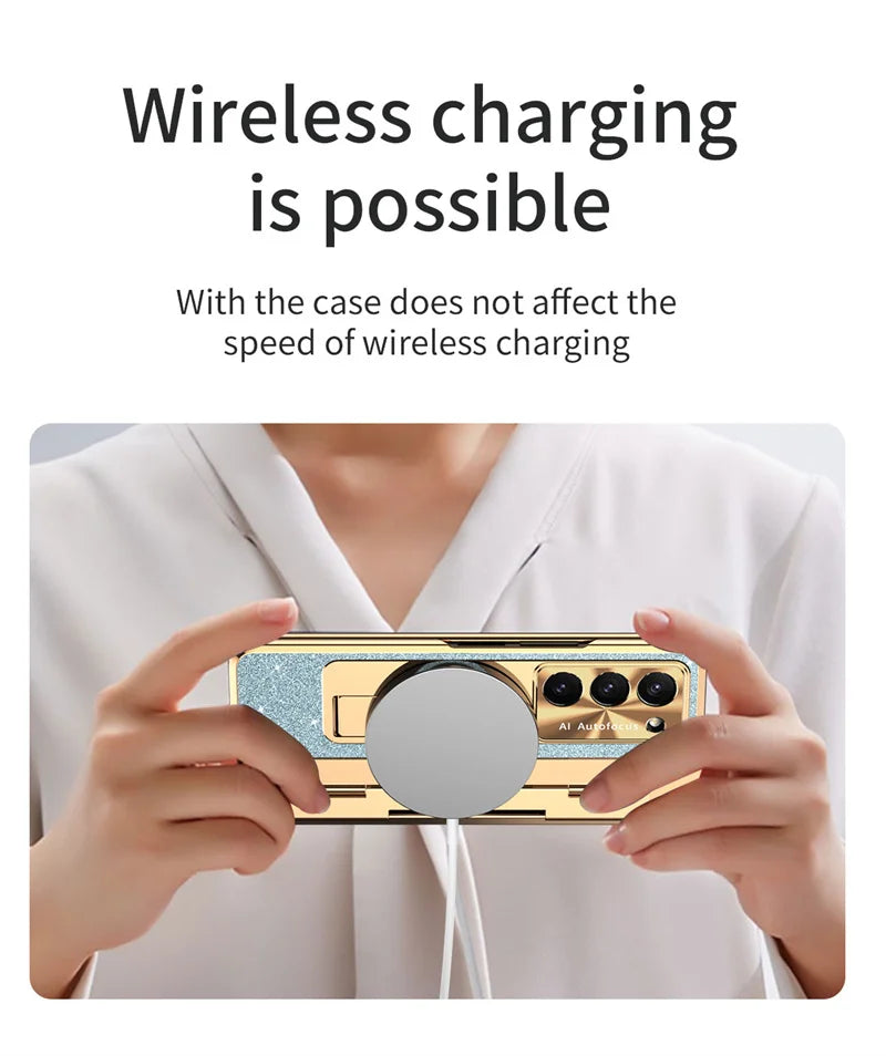 Luxury Flip Leather PC Integrated Phone Case For Samsung Galaxy Z Fold 3 4 5 6 Glitter Series With Holder Phone Protective Case