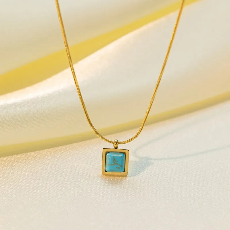 Retro Square Titanium Steel Turquoise Pendant Necklace For Women Girl Ethnic Style Personality Necklace 45 cm