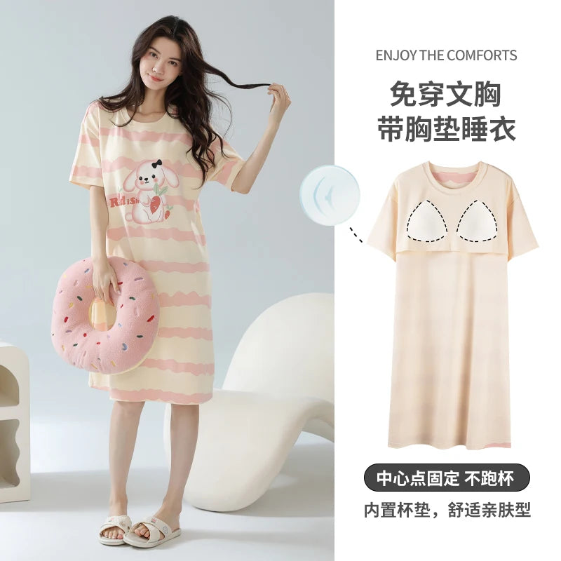 Women’s Cotton Nightgown – Korean Style Cute Print, Summer Short Sleeve Sleepwear Dress