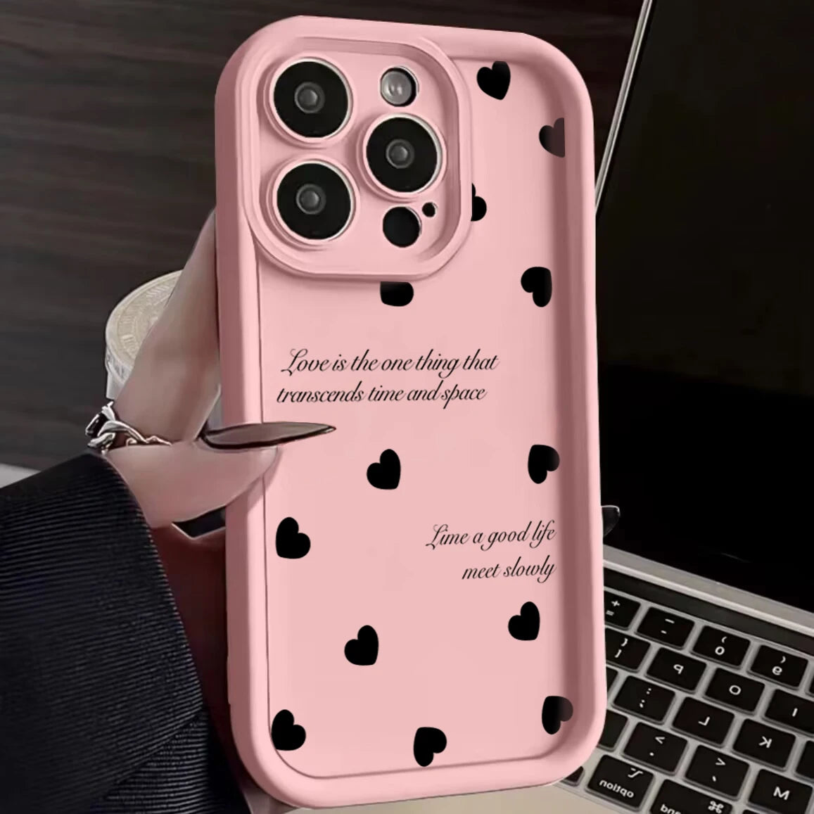Black Love Heart Soft Matte Phone Case For iPhone 17 Air 14 Pro 16E Plus Cover For iPhone 15 16 17 Pro Max Cases