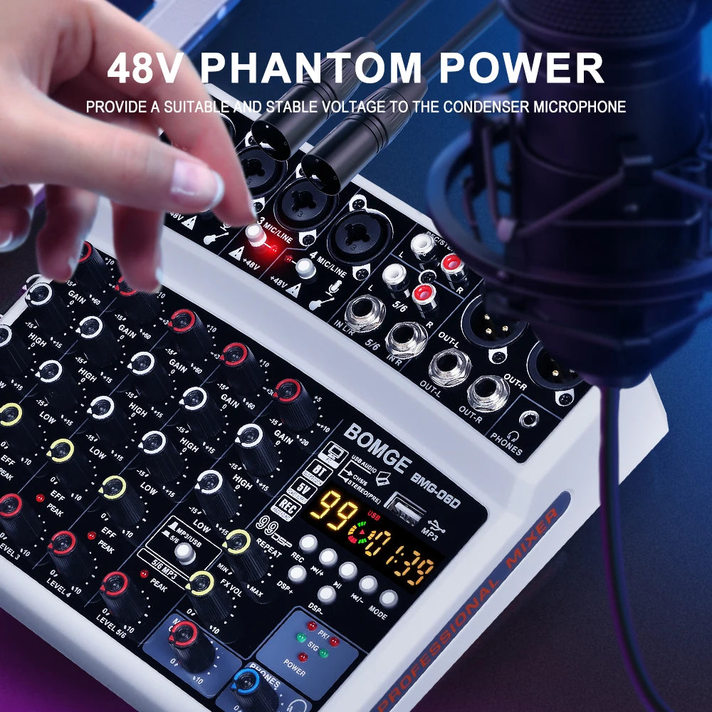 6 Channel Audio Mixer Console with USB Bluetooth 99 DSP Effects and 48V Phantom Power
