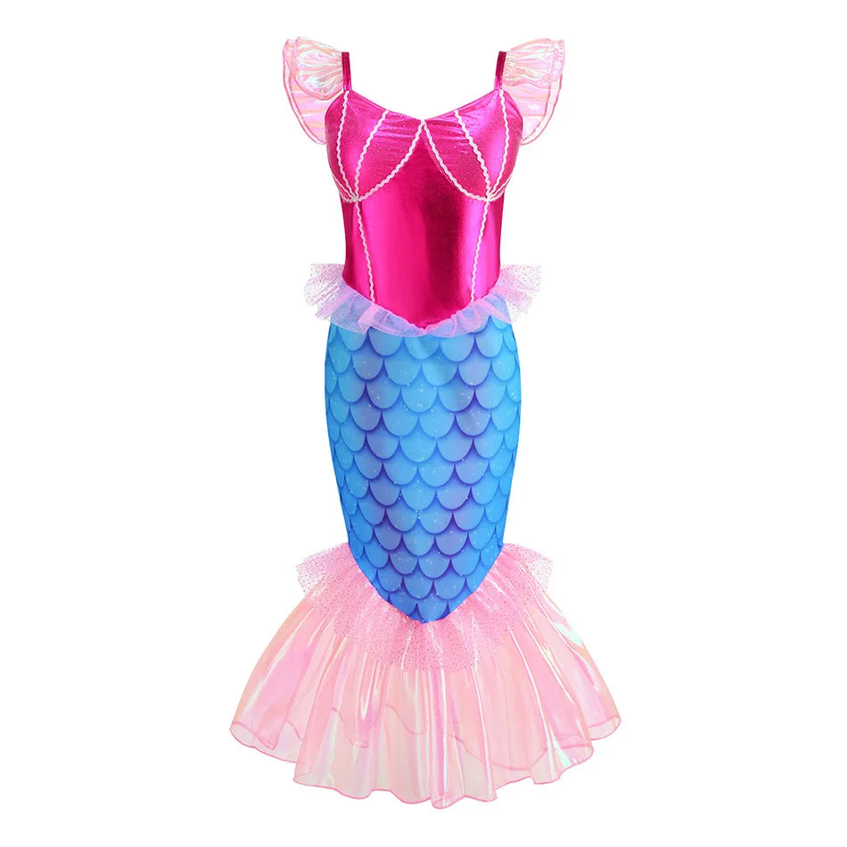 New Blue Red Purple Three Colors Mermaid Flying Sleeve Fishtail Beautiful Dress For Girl Summer Beach Party Cool Gown