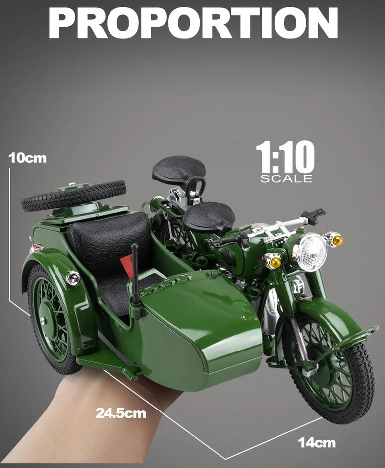 1/10 Alloy Retro Tricycle Side-car Motorcycle Model Diecast Metal Classic Military Motorcycle Model Sound and Light Toy Gift