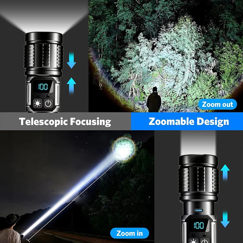 Rechargeable LED Flashlight With Magnetic Base COB Light Zoom And Power Display