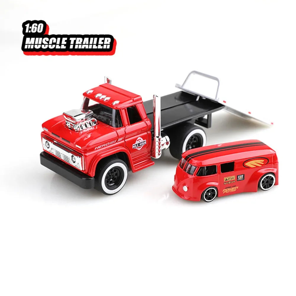 1:60 Scale American Muscle Alloy Trailer Cars Diecast Models Toys with Sound Light Pull Back Vehicle Boys Collection Gifts