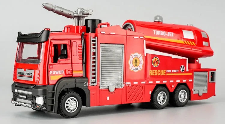 1:32 Water Spray Fog Fire Truck Model Sweeper Toy Car Sound Light Pull Back Doors Opened Vehicles Collection  Gifts